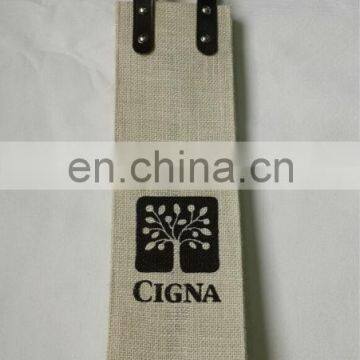 Cream Colour Jute wine bag with print,Jute Wine Bag with leather handle,