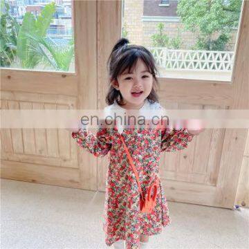 Korean children's autumn new style girl French lace pointed collar red floral buttoned dress sweet long skirt