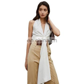 TWOTWINSTYLE Backless Shirt For Women V Neck Sleeveless High Waist Short Tops Ruched Sexy