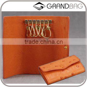 lovely orange ostrich skin leather key case car key holder organizer bag snap closure