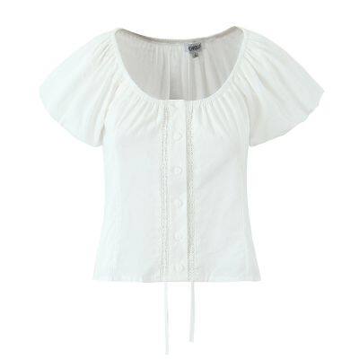 Korean style small fresh sweet white puff sleeve design top bm beautiful puff sleeve short-sleeved V-neck T-shirt for women