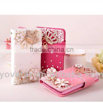 2014 New design pearl diamond card holder pu leather wallet case for iphone5