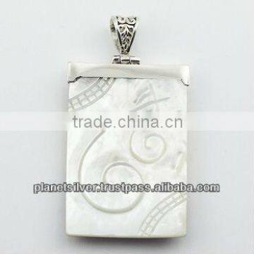 Rectangular Carved Mother Of Pearl Pendant Ajoure Silver Bail