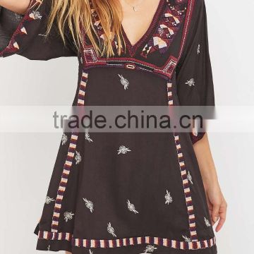 Latest Fashion Mexican Embroidered Black Mini Dress Designer One Piece Party Dress HSD5367