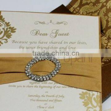 Gold Silk Wedding Invitation With Rhinestone Brooch and Ribbon ON SALE photo-4