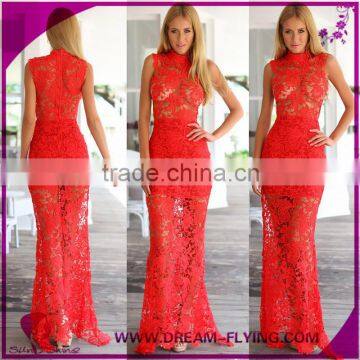 Women sexy lace pierced sleeveless slim evening party maxi dress