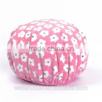 Cute printing pink flower protective shower cap with toweling bathing cap for girl women