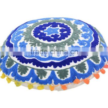 Suzani Pom Pom Lace Embroidered Floor Pillows Cotton Round Pillows Boho Shams Ethnic Cushions Throw