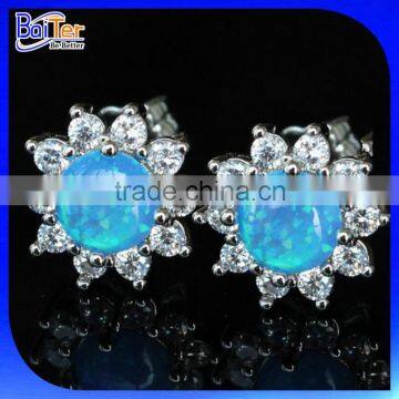 Halo Style Flower Snowflake Earing, 925 Sterling Silver Blue Fire Opal Snowflake Shape Earring