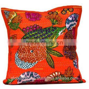 Cotton Pillow Case Kantha Orange floral Bohemian Cushion Cover