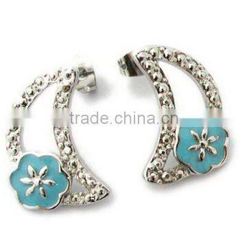 Cute metal silver moon with flower earrings , decorated with bule enamel,Customized Colors or LOGO and OEM design accept