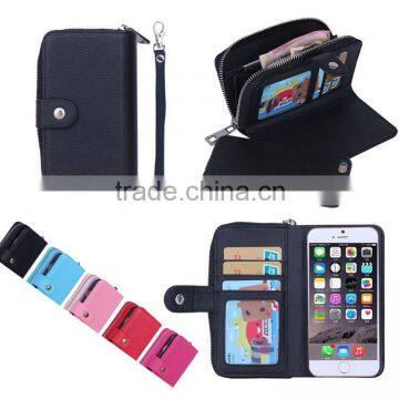 Zipper wallet detachable leather case for iphone 6 4.7&5.5