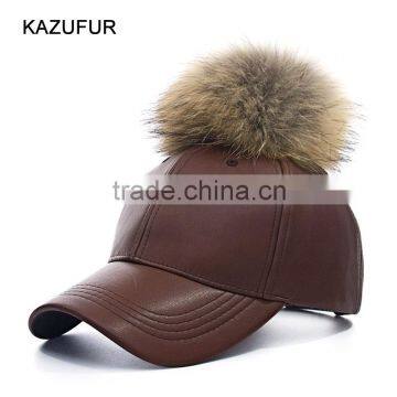 2016/2017 high fashion leather winter hat with big fur pompoms KZ160073