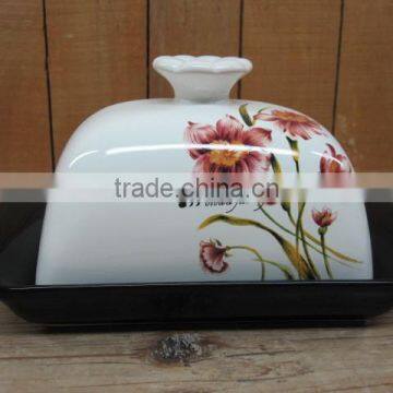 Factory Direct Wholesale Ceramic Butter Dish with Flower Decal Lid