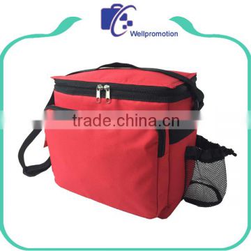 Red insulated shoulder lunch bag with side bottle pocket