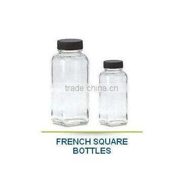 Wide mouth french square beverage glass bottle with black lid