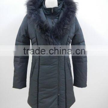 Double Zipper Placket Faux Down Puffer Filling Real Raccoon Fur Hooded Coat