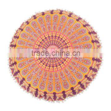 Round Mandala Mantas Throw Pillow Cover Decorative Indian Outdoor Cushion Pom Pom Boho Large Floor Pillow Case photo-2