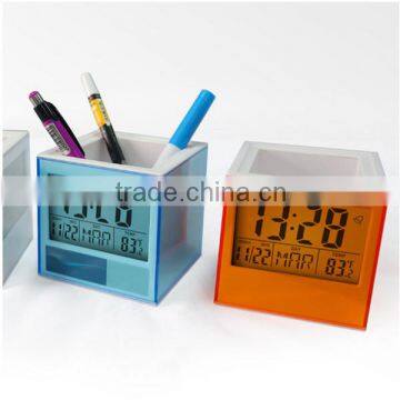 Plastic big display pen container with clock