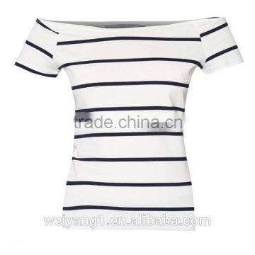 China Factory Direct Wholesale Petite Stripe Bardot Top Woman Short Sleeves Blouse photo-6