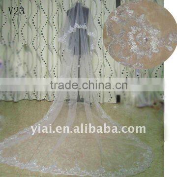 V23 Real Sample Long Beaded One Layer Lace wedding Veil 2012