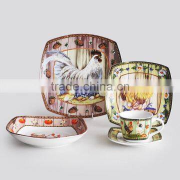 20pcs Square Shape Dinnware, Porcelain with Rooster Decal Printing