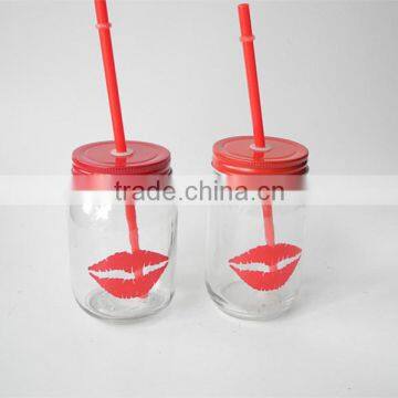 Recycled Valentine's Day Red Lips Design Glass Drinking Jar With Lid photo-3