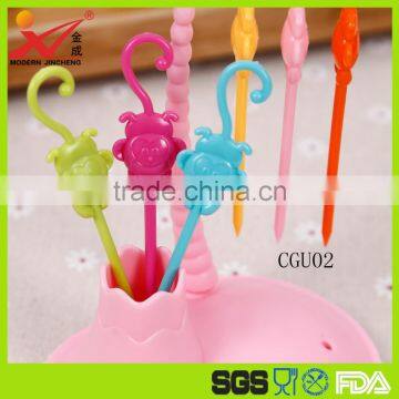 Factory best price ABS colorful disposable top quality animal mokey shape plastic fruit fork