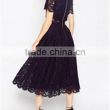 China Guangzhou Clothing OEM Scalloped Edges Round Neckline Crop Top Mesh Insert Midi Women Dress photo-2