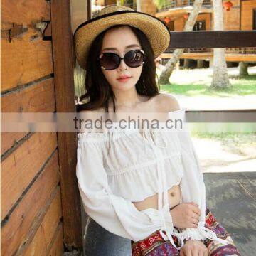 Ladies long lantern sleeve white color boat neck short chiffon blouse top