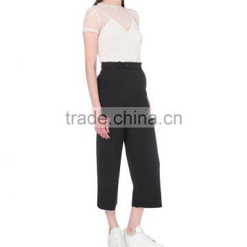 Wholesale Women Sexy Round Neck Short Sleeves Sheer Polka Dot Sleeves and Yoke Straight Hem Cotton Blend T-shirt(DQE0150T) photo-2