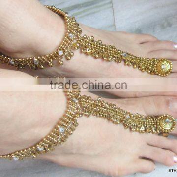 GOLD tone payal ANKLETS toe ring BAREFOOT SANDAL pair