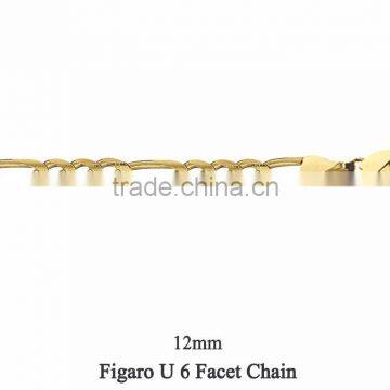 12 MM Gold Plated Figaro U 6 Facet Chain Necklace