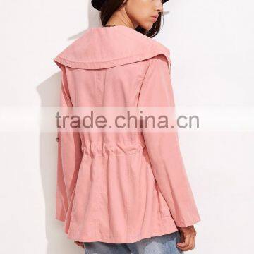 OEM Latest Pink Wide Collar Cotton Jacket Drawstring Utility Jacket Zipper Tie Waist Winter Coat Customized photo-5