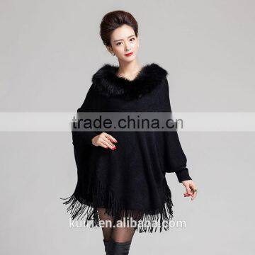 Elegant Knit Lady Shawl Winter Plus Size Thick Cape With Imtation Fox Fur Collar Trim Knit Batwing Autumn Top Quality Pashmina