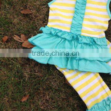 2016 New Hot Girls Yellow Strips Blue Capri Set Outfits With Matching Necklace and Headband photo-4