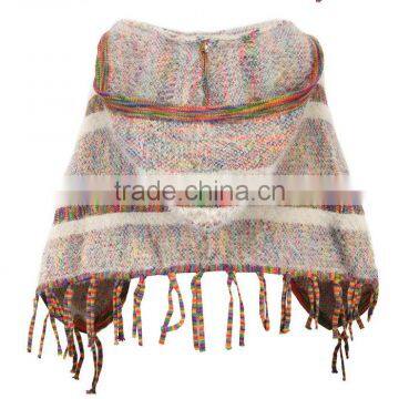 Fashionable Girl Knitting Poncho With Hat Sweater photo-3