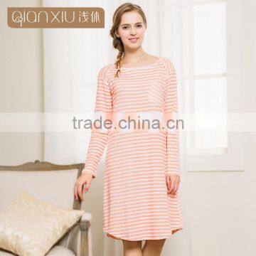 Wholesale Qianxiu Latest High Quality Knitting Cotton Striped Ladies Long Sleeping Gown