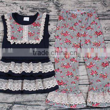 Zhihao Summer Flower Girls 2pcs Boutique Outfits Wholesale Children Clothing Set Ruffle Top Match Pants Set Clothes Store Online photo-2
