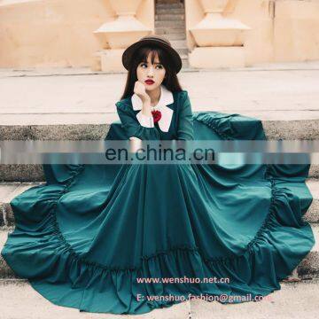 2016 British Style Flouncing Customized Dark Green Ladies Chiffon Dress