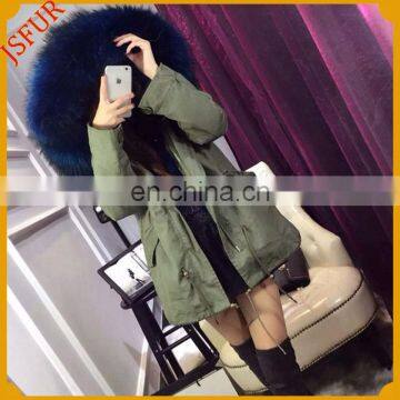 Raccoon Fur Collar Long Army Grreen Jacket Fur Lining Parka