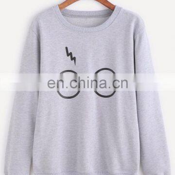 High Quality Women Apparel Long Sleeve Pale Grey Glasses Print Sweatshirt