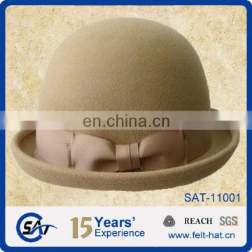 light color 100% wool felt bowler hat with bowknot ribbon