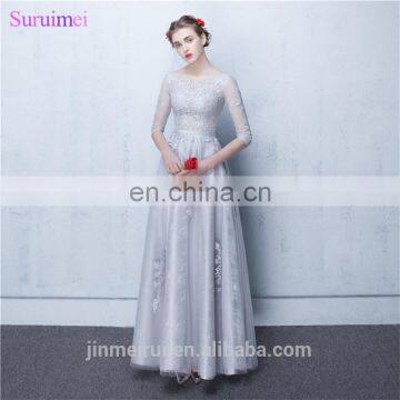 Dubai Prom Dresses Vestidos De Noite Longos Silver Appliques A Line Sheer See Through Long Prom Gown with Sleeves