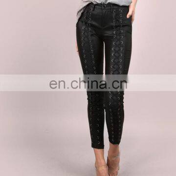 OEM Latest Design Women PU Leggings Coated Skinny Lace Up Pants