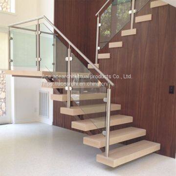 Wooden Step Single Stringer L Shape Staircase with Tempered Frameless Glass Railing for Small Space