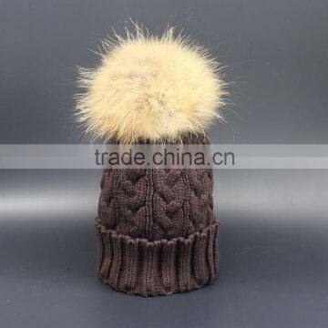 Hot Popular Real Raccon Fur Pompom Women Kintted Winter Wool Caps And Hats