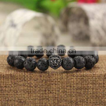 BRS1503-1 natural lava stone bead strench bracelet stainless steel lion head mens bracelet                        
                                                Quality Choice