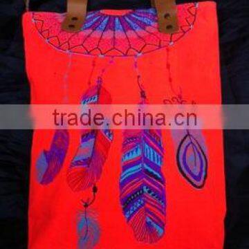 Hmong Indian tote neon red canvas bag feather pattern