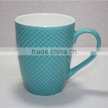 300 ml blue glazed new bone china embossed coffee mug